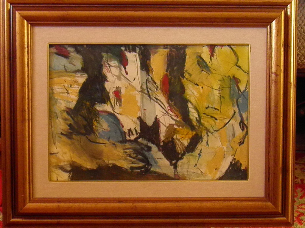 onbekende kunstenaar, onduidelijk gesigneerd, gouache achter glas ZT verkocht voor € 45!