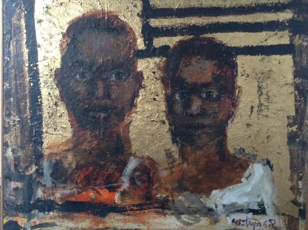 Wim Steyn 19-14-1980, Olieverf op paneel 74x63, twee jongens uit Biafra 1968 kopen? Bied vanaf 150!