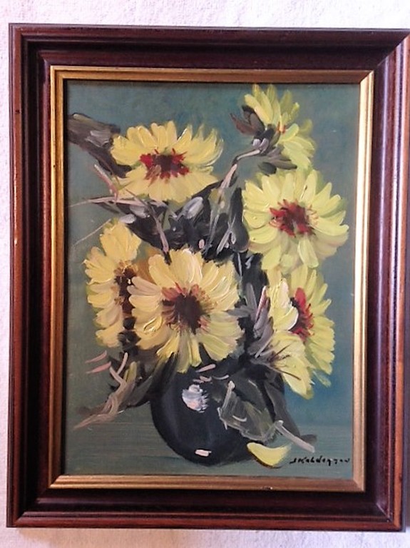 Jan Kelderman - Jan Kelderman (1914-1990), olieverf op doek, Zonnebloemen op een vaas kopen? Bied vanaf 50!
