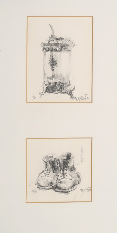 Onbekend gesigneerd: Litho, Kachel en schoenen - Ingelijst kopen? Bied vanaf 1!