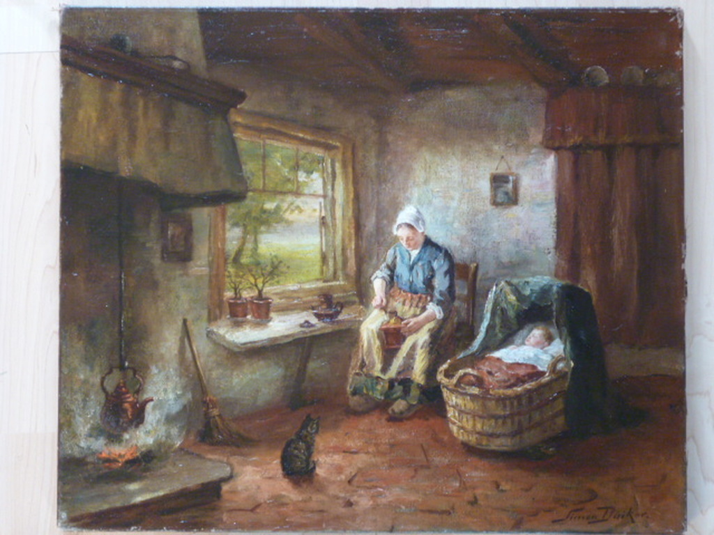 Simon Duiker - olieverf - Boereninterieur verkocht voor € 140!