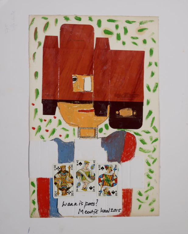 Meertje Kaal: Olieverf en collage op karton, Waar is poes? verkocht voor € 85!