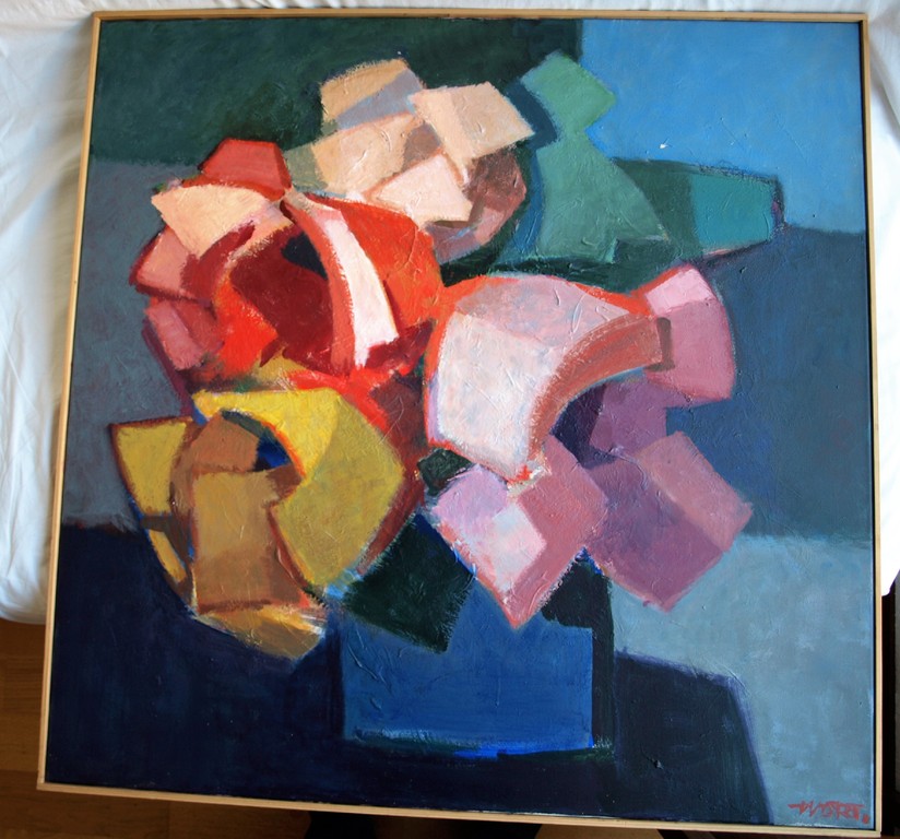 Onduidelijke signatuur : Olieverf op doek , Rozen in blauwe vaas - GROOT  kopen? Bied vanaf 1!