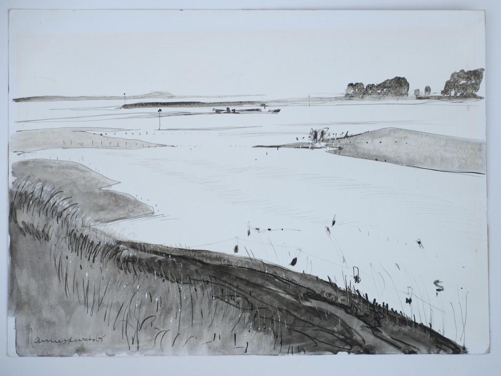 Jannes de Vries, Rivierlandschap, Inkttekening 1965 verkocht voor € 130!