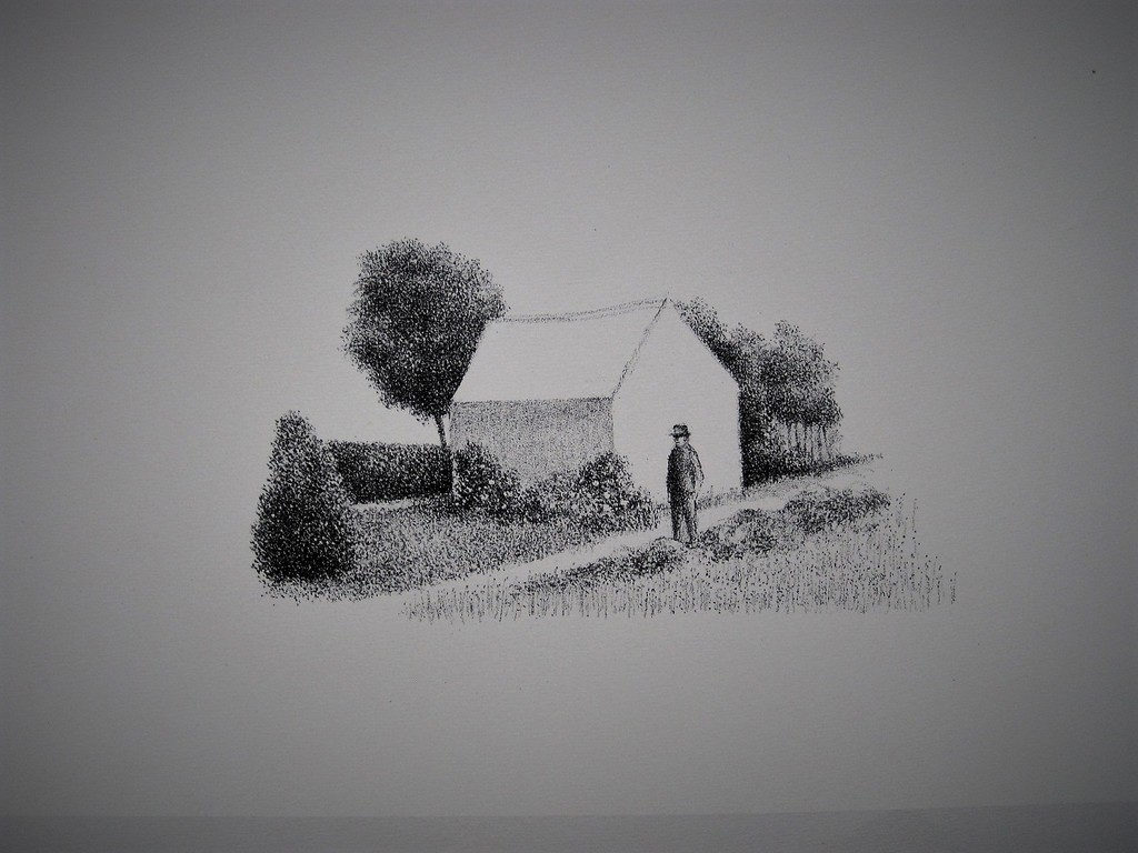 Typisch verstild werk van Metten Koornstra 1912-1978 Litho "man in landschap" MK verkocht voor € 55!