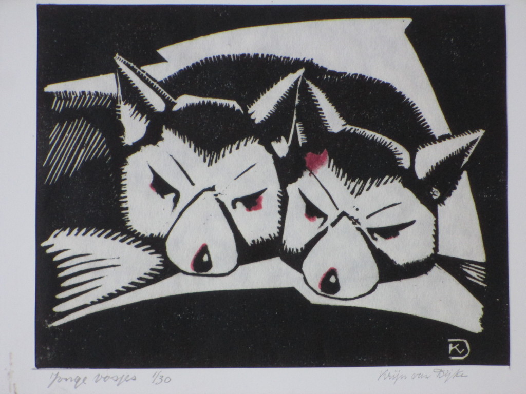 Krijn van Dijke, Jonge Vosjes, Houtsnede kopen? Bied vanaf 50!