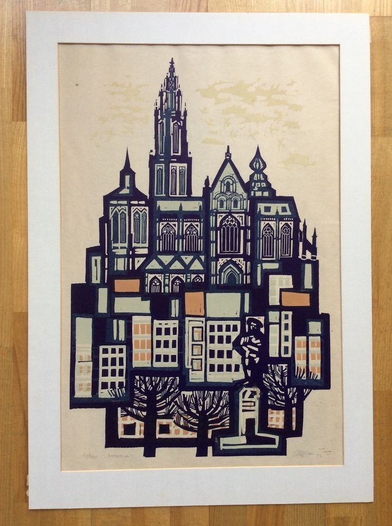 Akke Sins - Antwerpen - grote houtsnede, handgesigneerd. kopen? Bied vanaf 90!