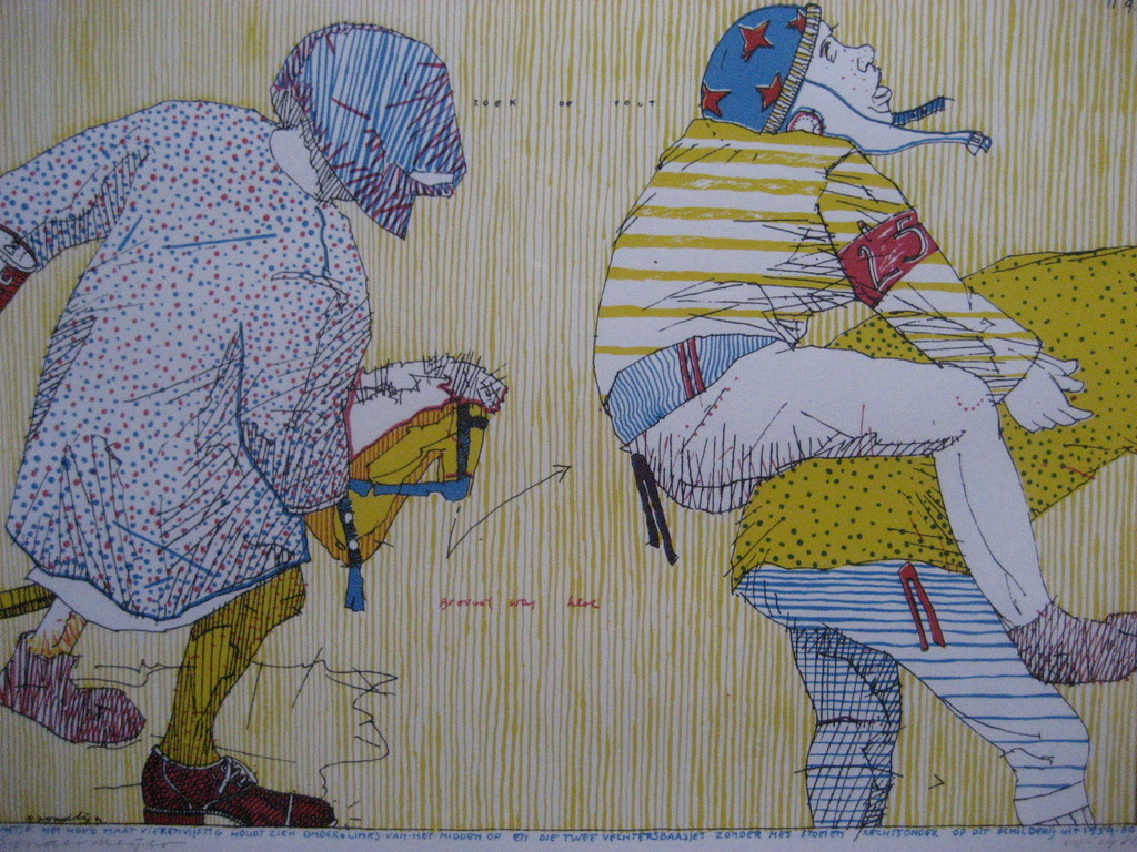 Carel Sondermeyer.-Het Stokpaardmannetje-  Zeefdruk. 1982. Gesigneerd. Ingelijst kopen? Bied vanaf 75!