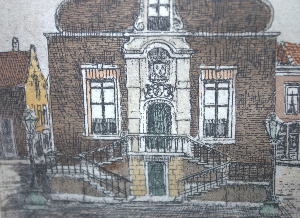 Schiedam, het stadhuis, handgekleurde gesigneerde ets kopen? Bied vanaf 10!
