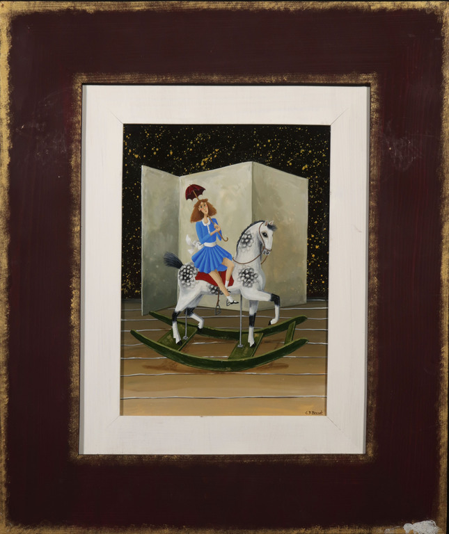 Carole Perret: Olieverf op board, Meisje op hobbelpaard - Ingelijst kopen? Bied vanaf 100!