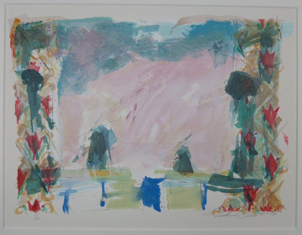 Richard Smeets: Zeefdruk, Abstract met rode bloemen  kopen? Bied vanaf 1!