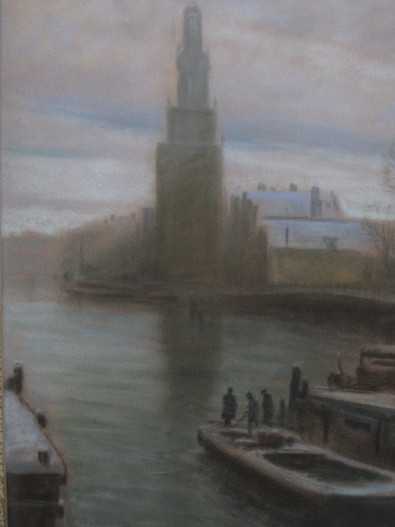 Sfeervol pastel "Amsterdam Montelbaanstoren vroege ochtend" van G.Cohn Roemers verkocht voor € 90!