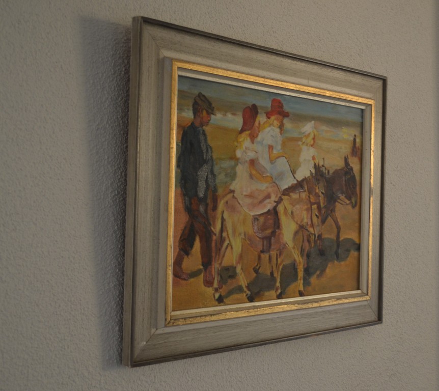 Ongesigneerd: olieverf op doek, ezeltje rijden langs het strand kopen? Bied vanaf 1!