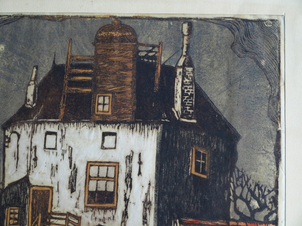 Louis Haver : Houtsnede , Huis met poort – Gesigneerd – ca 1950 kopen? Bied vanaf 35!