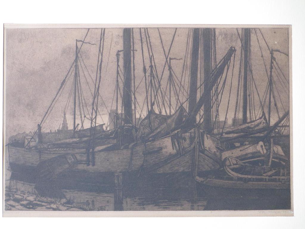 Ton Meijer, Schepen in een Hollandse haven, Ets 1925 verkocht voor € 40!