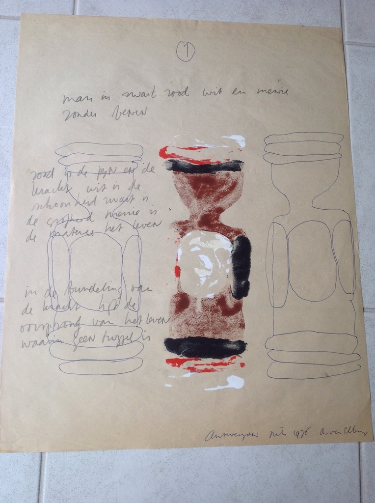 Elburg van : pen potlood verf op papier en gedicht ,man in zwart  rood wit, 1975 kopen? Bied vanaf 1!