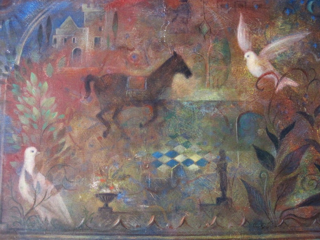 Gedetailleerd omstreeks 1960 gesigneerd Surrealistisch olieverf "Droomland"  verkocht voor € 45!