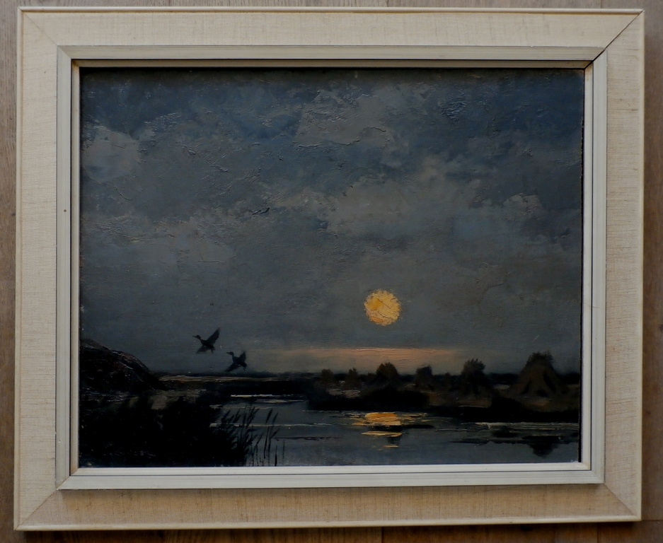 Jo Schrijnder: Olieverf op board: opvliegende eenden bij ondergaande zon kopen? Bied vanaf 550!