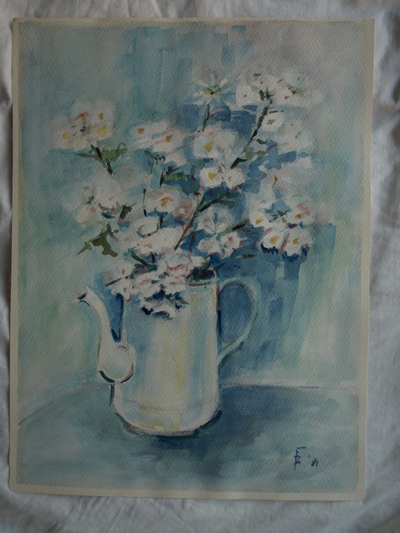 Onduidelijke signatuur / monogram : Aquarel – Vaas bloemen  – 1971 kopen? Bied vanaf 1!