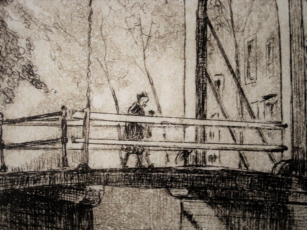 Fraaie 1950 gesigneerde Ets "Amsterdam brug bij Staalstraat en Groenburgwal"  kopen? Bied vanaf 1!