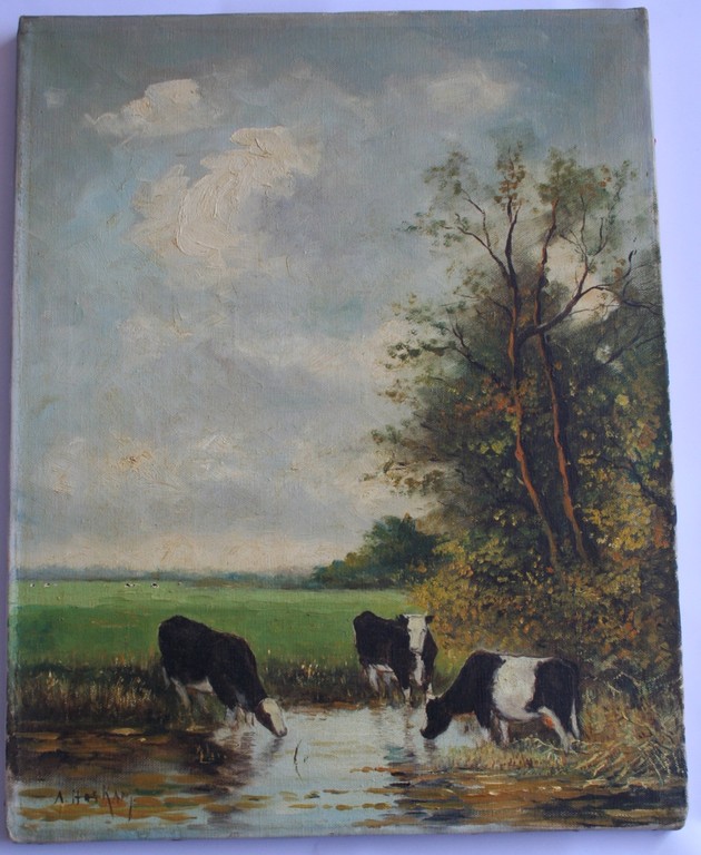 Onbekende kunstenaar - olieverf op doek - koeien bij een sloot - gesigneerd kopen? Bied vanaf 1!