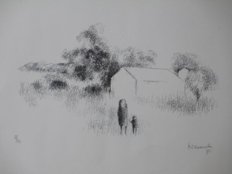 Metten Koornstra, Figuren in surrelistisch landschap, Litho verkocht voor € 45!