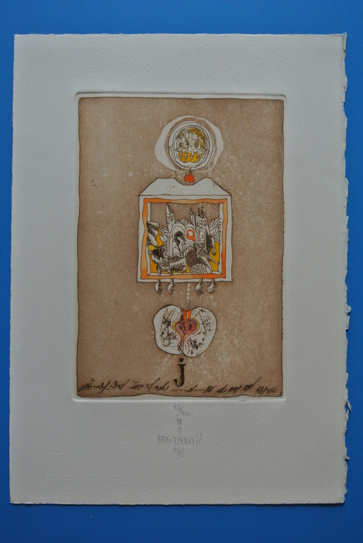 Matko Trebotic Mooie Kleurenets -Fliegende Stadt mit Apfel-. 1978. verkocht voor € 59!