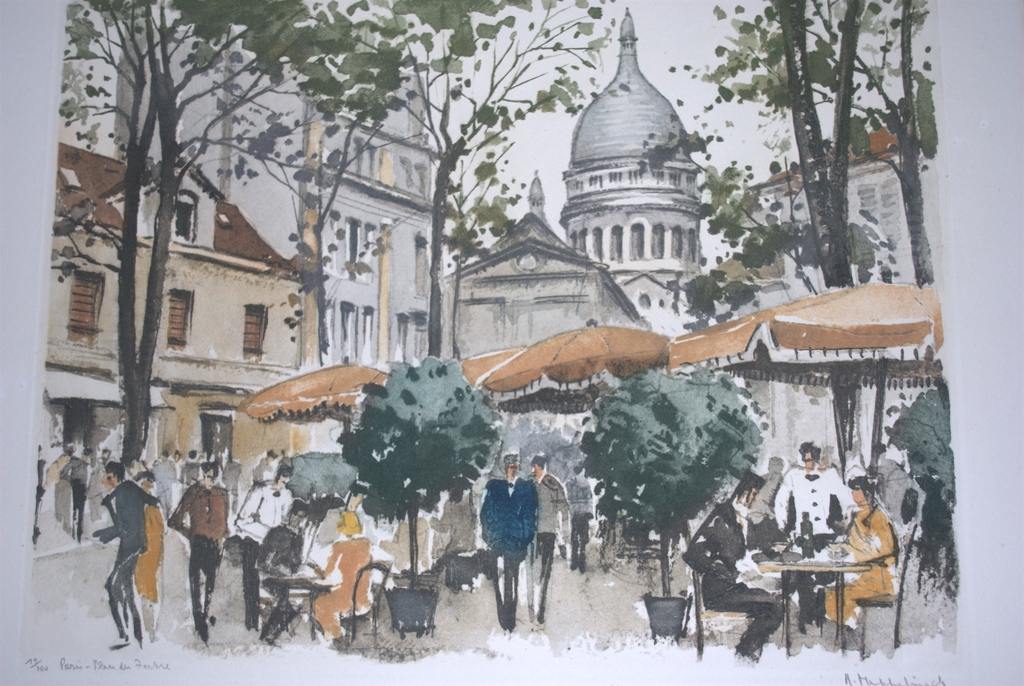 Parijs, Place du Tertre - ets met aquatint - oplage 100   kopen? Bied vanaf 35!