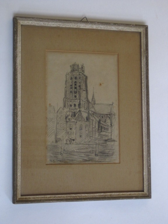 Originele 1910 potloodtekening "Dordrecht Grote kerk" Hend.D Schildt gesigneerd  kopen? Bied vanaf 1!