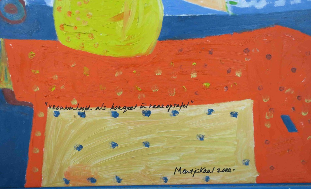 Meertje Kaal: Acryl op doek, Vrouwenhoofd als bouquet in vaas op.. - Ingelijst kopen? Bied vanaf 50!