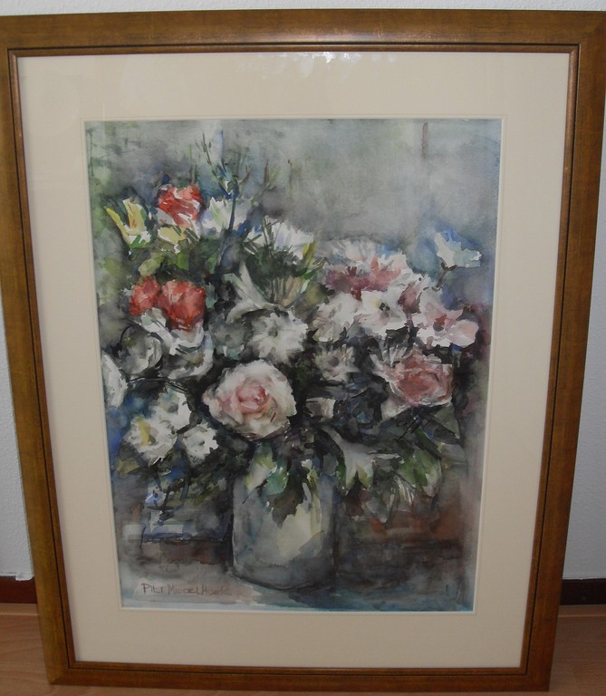 Piet Middelhoek ,Aquarel ,Groot boeket rozen in vaas kopen? Bied vanaf 125!