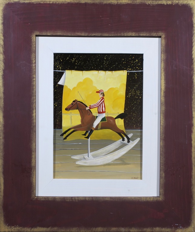 Carole B. Perret: Olieverf op board, Jockey op paard - Ingelijst verkocht voor € 120!