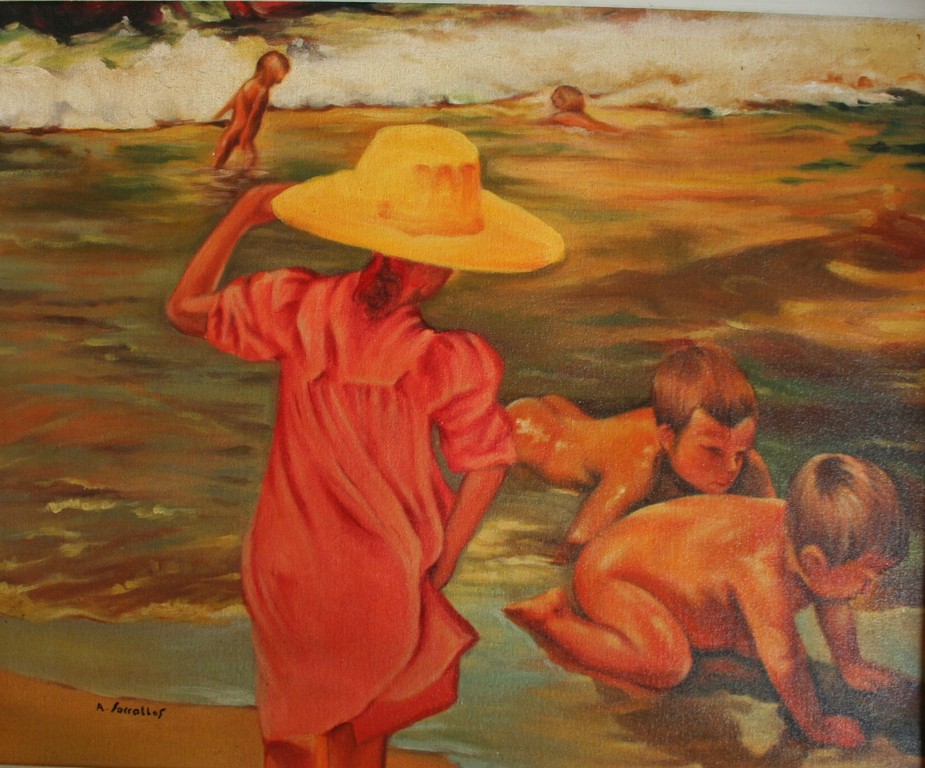 A. Sorrallos, olieverf marouflé, strandtafereel kopen? Bied vanaf 50!