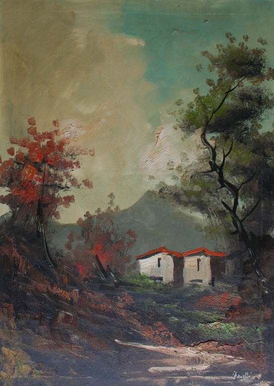 Gesigneerd met Favelli - Olieverf op doek - Huizen in de bergen kopen? Bied vanaf 70!