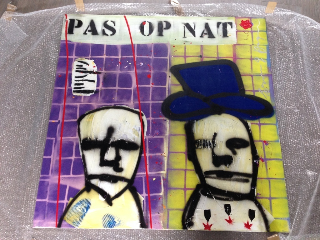 Stoer doek van Espen Greger Hagen; 'Pas op nat' (1.20x1.20) verkocht voor € 590!