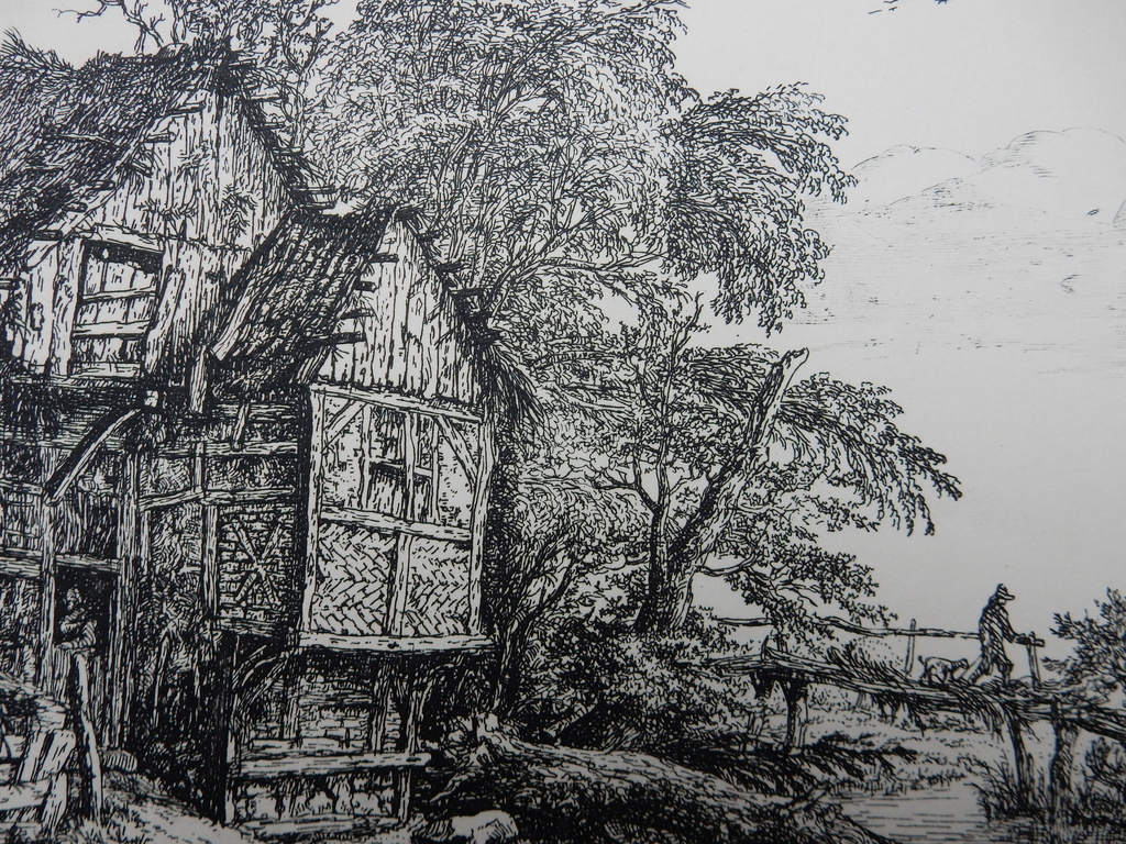Onbekende maker - oude gravure - voorstelling van huis in landschap kopen? Bied vanaf 10!