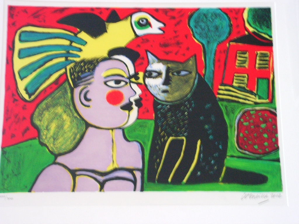 Corneille - dames met vogel en kat - litho kopen? Bied vanaf 200!