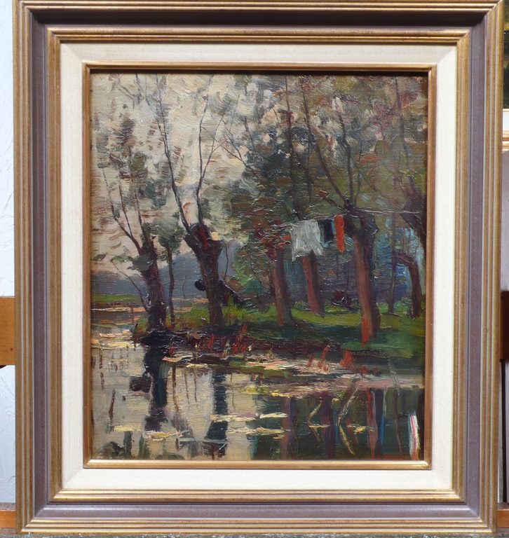 Charles Dankmeijer, Waterrijk landschap met knotwilgen en drogende was. kopen? Bied vanaf 450!