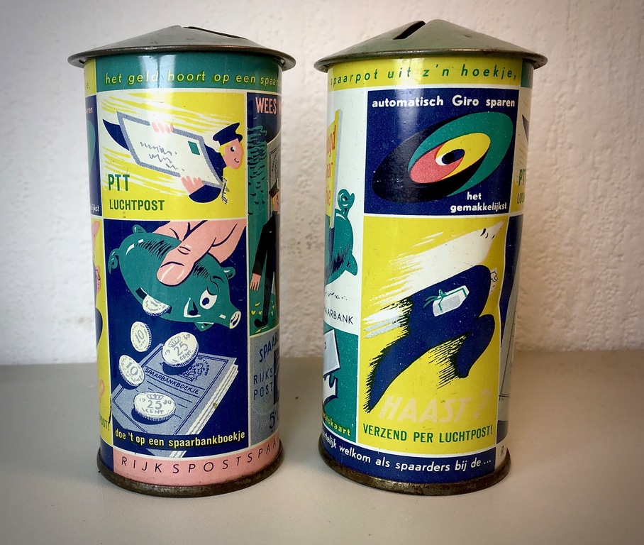 Rijkspostspaarbank - twee reclamezuil spaarpotten met grafiek kopen? Bied vanaf 9!