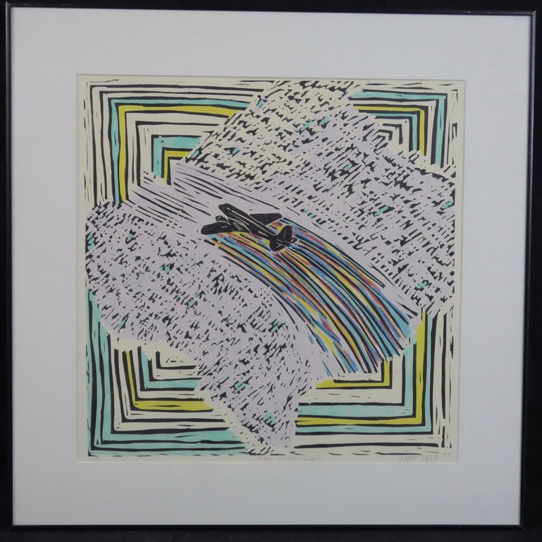 Hans Wap: Handgekleurde lino, Par Avion 12 - Ingelijst verkocht voor € 37!