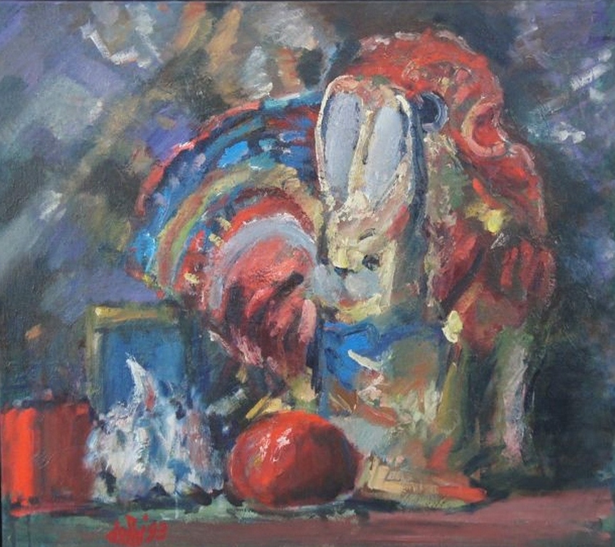 TOON DE HAAS olieverf "Haan en Haas" 1993 verkocht voor € 200!