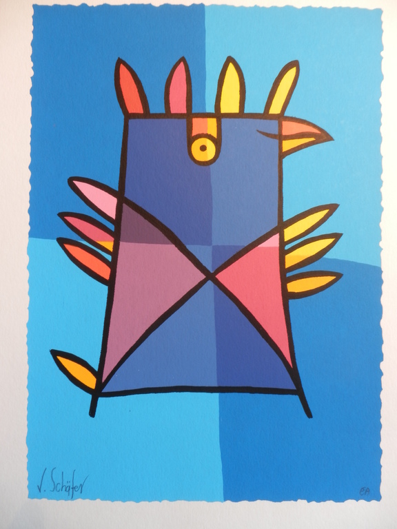 JACQUELINE SCHAEFER  Zeefdruk  BLAUWE VOGEL kopen? Bied vanaf 25!