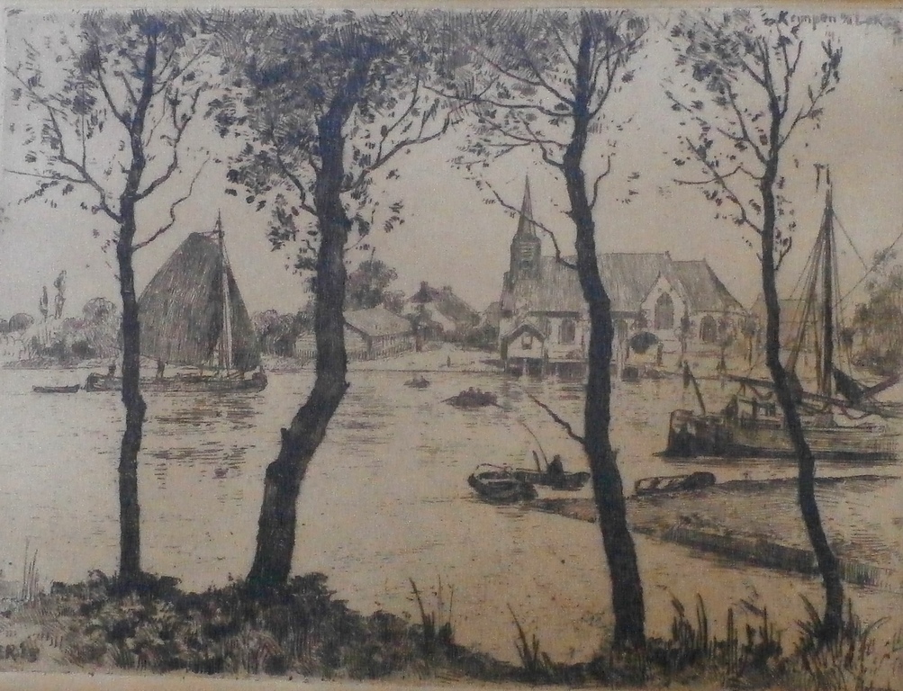 Hendrikus Roodenburg - ets: Bootjes in de rivier bij Elshout - 1915 kopen? Bied vanaf 45!