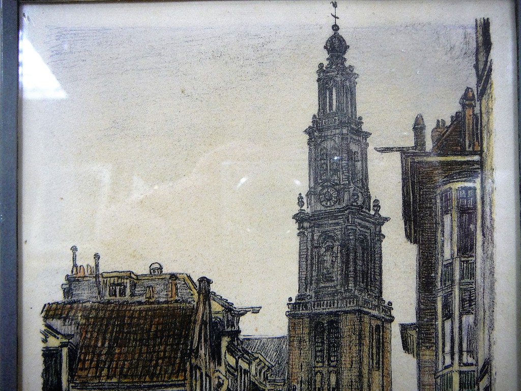 Twee ingekleurde krijttekeningen van Amsterdam oa Westerkerk  kopen? Bied vanaf 50!