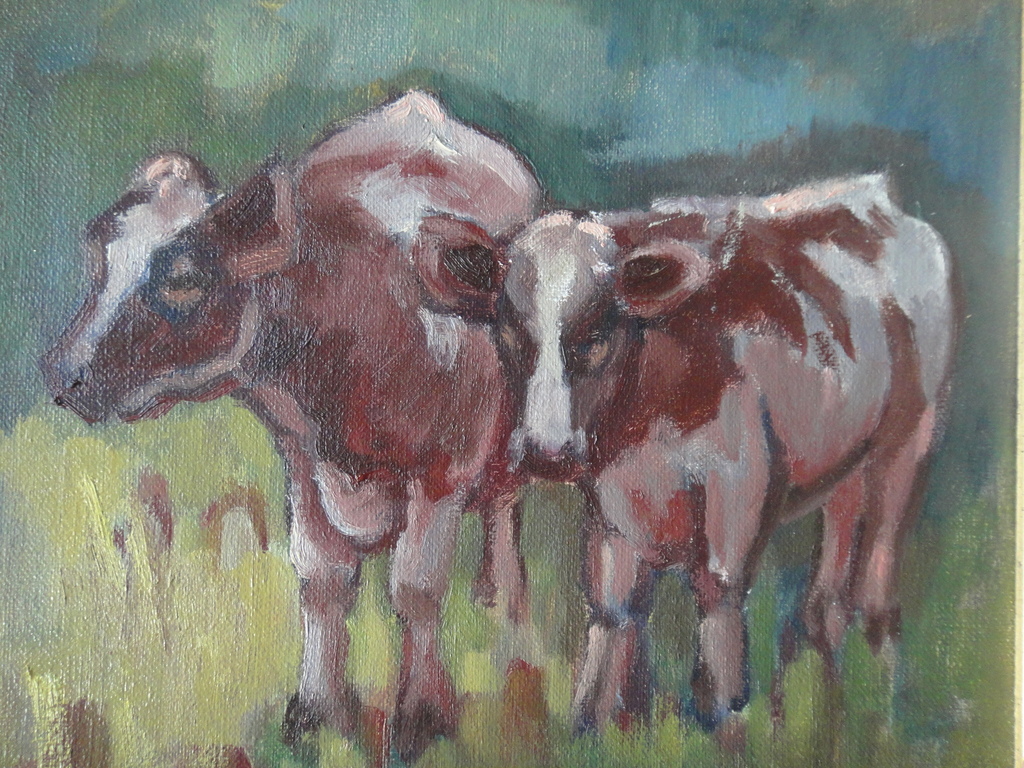 Mary Koekenbier (1942) - olieverf op doek - twee roodbonte koeien in de wei kopen? Bied vanaf 1!