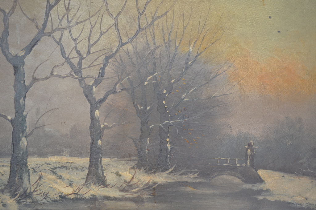 Onbekend: olieverf op paneel, winterlandschapje kopen? Bied vanaf 1!