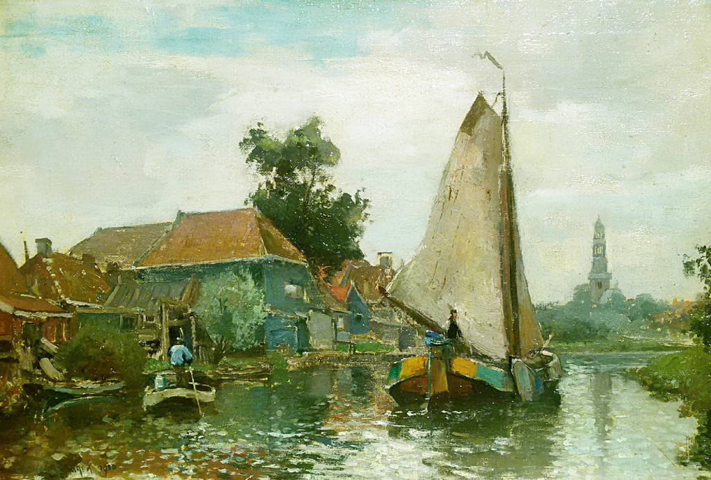 G. F. van Schagen - Dorpsgezicht met boten, olieverf op doek (mooi ingelijst) verkocht voor € 395!