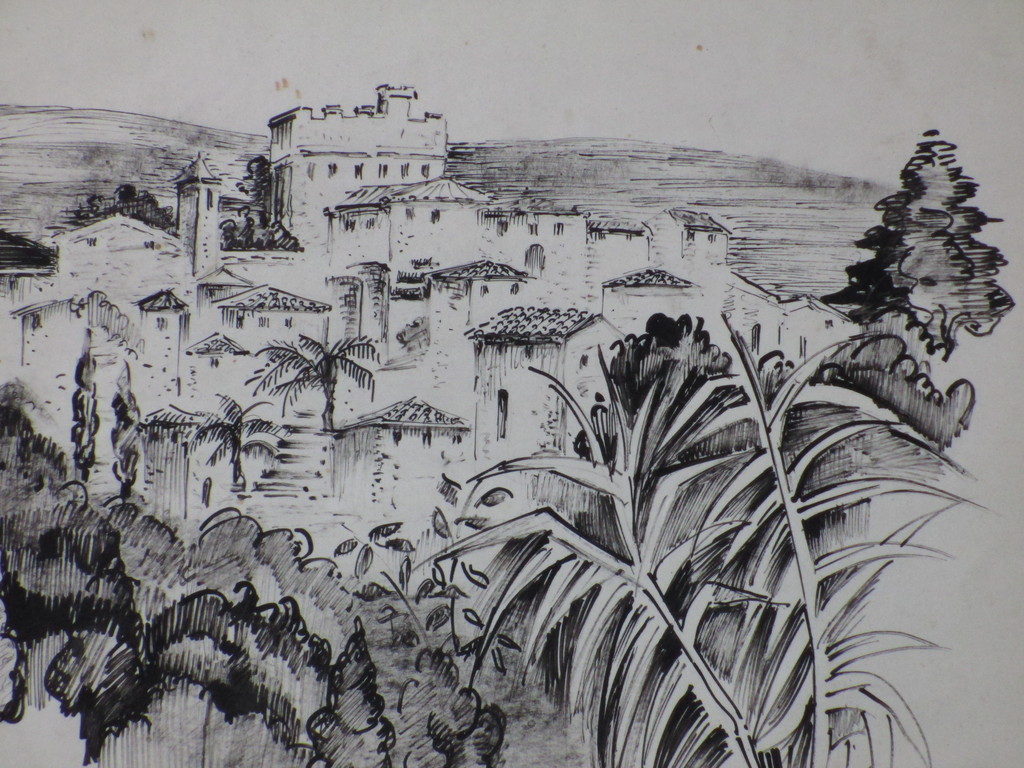 Ina Hooft, Gezicht op Mediterraan bergdorp, Inkttekening kopen? Bied vanaf 1!