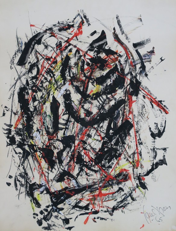 Onbekend gesigneerd: Acryl op papier, Abstracte compositie verkocht voor € 80!