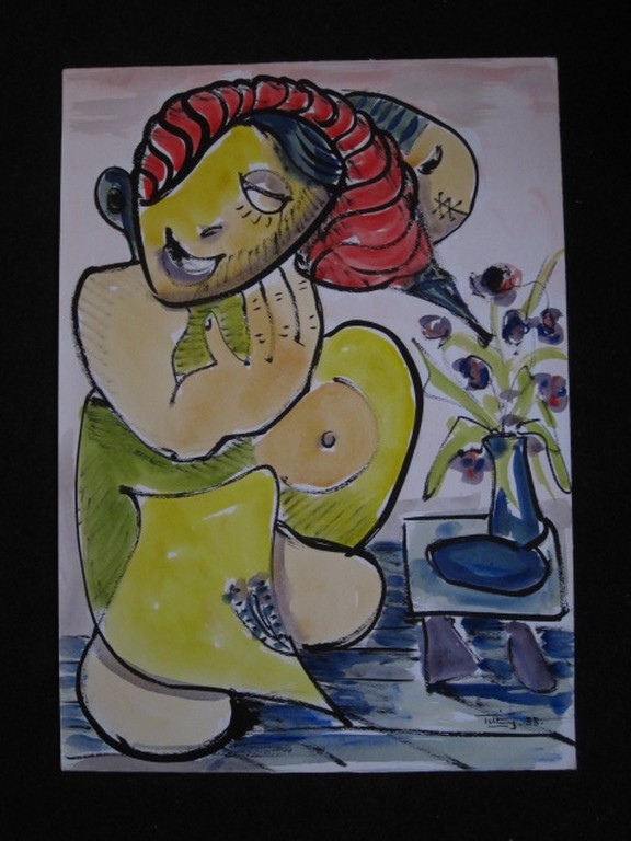 Suriname expressionist Quintus Jan Telting 1931-2003  "naakt met bloemen" gesigd kopen? Bied vanaf 1!